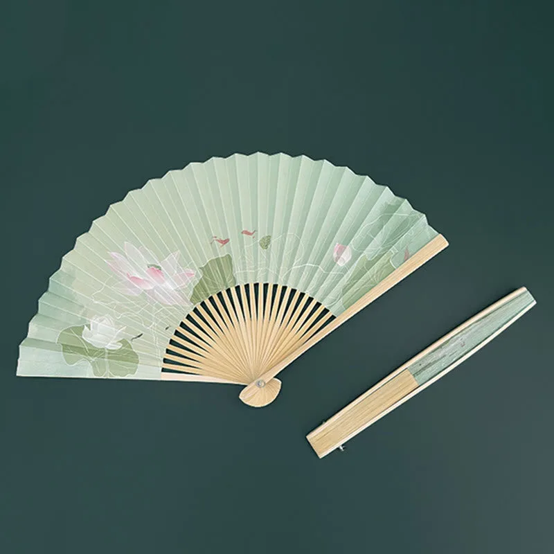 Mythstone Lotus Flowers Leaf Koi Fish Handheld Paper Bamboo Folding Fan - Image 4