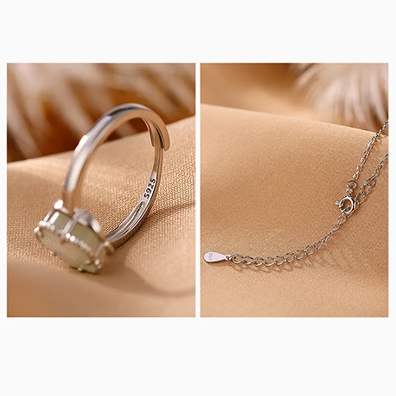 Mythstone 925 Sterling Silver Plated Gold Natural Hetian Jade Flower Luck Necklace Pendant Ring Set - Image 10