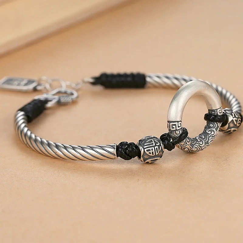 Mythstone 999 Sterling Silver Fu Character Peace Buckle Copper Coin Auspicious Clouds Fortune Bracelet - Image 2