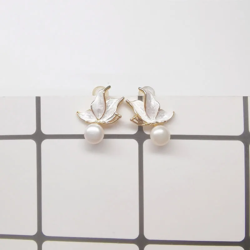 Mythstone 925 Sterling Silver Posts Copper Plated Gold Natural Pearl Bead Butterfly Wisdom Stud Earrings - Image 7