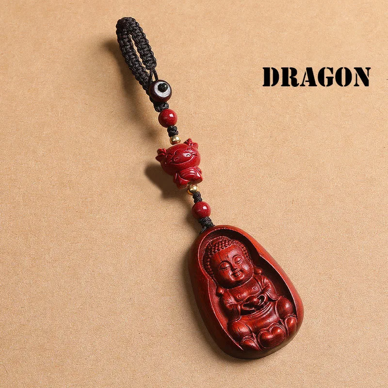 Mythstone Small Leaf Red Sandalwood Buddha Cinnabar Chinese Zodiac Amulet Protection Key Chain - Image 19