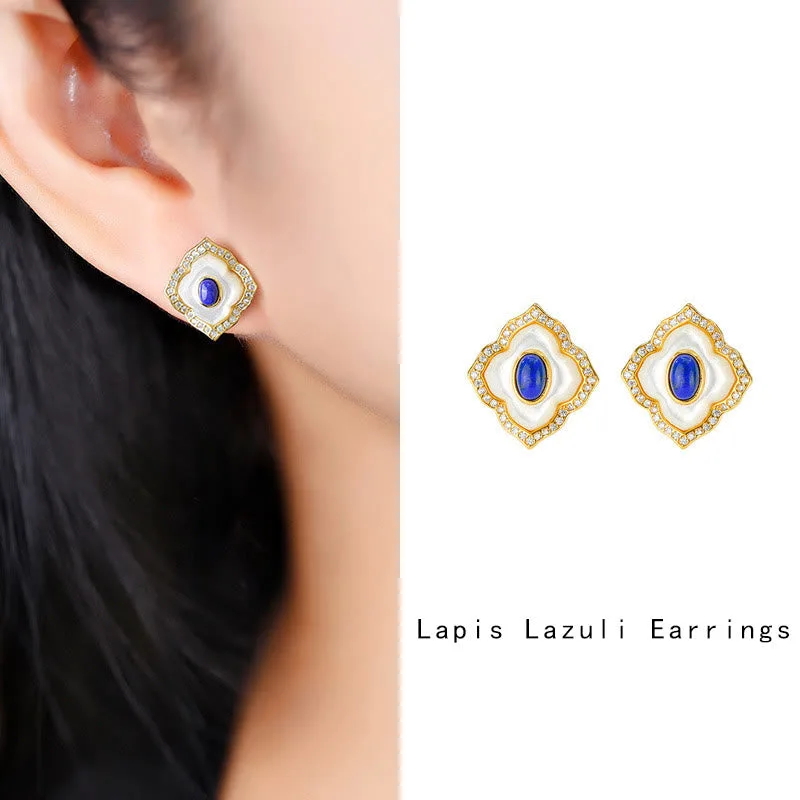 Mythstone 925 Sterling Silver Tridacna Stone Lazurite Prismatic Design Blessing Earrings Necklace Pendant Jewelry Set - Image 11