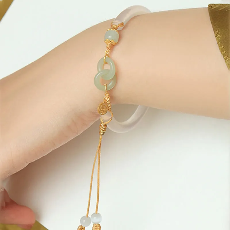 Mythstone 925 Sterling Silver Natural White Agate Hetian Jade Double Peace Buckle Fu Character Bracelet Bangle - Image 10