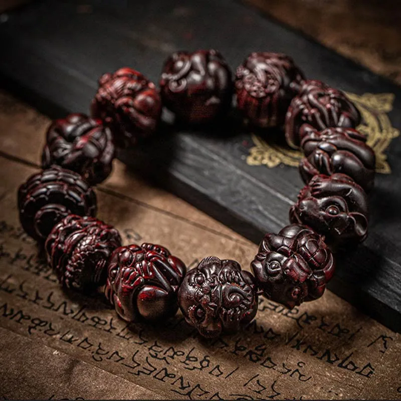 Mythstone Chinese Zodiac Engraved Small Leaf Red Sandalwood Protection Bracelet - Image 2