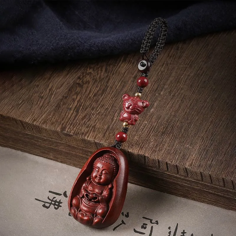 Mythstone Small Leaf Red Sandalwood Buddha Cinnabar Chinese Zodiac Amulet Protection Key Chain - Image 14