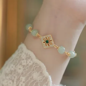 Mythstone Natural Hetian Jade Bead Square Pattern Luck Chain Bracelet