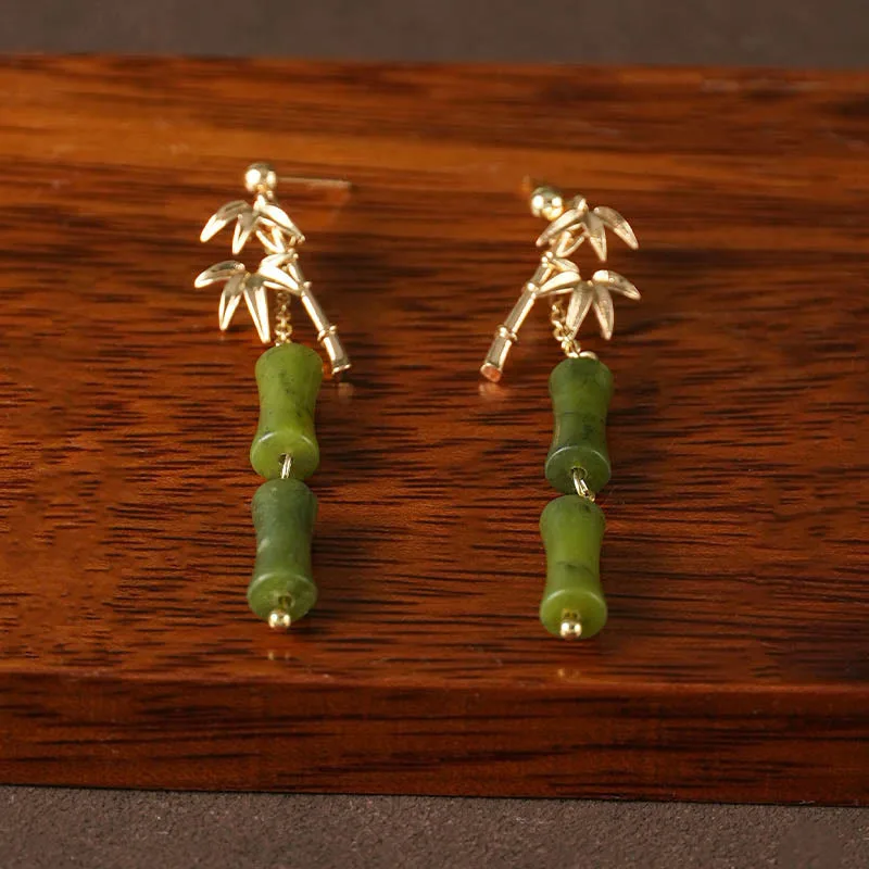 Mythstone 925 Sterling Silver Posts Copper Plated Gold Natural Peridot Bamboo Leaf Drop Earrings - Image 3