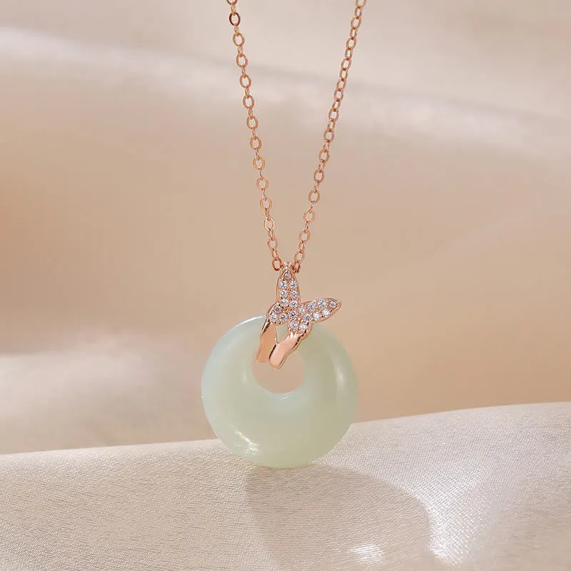 Mythstone 925 Sterling Silver Natural Hetian Jade Zircon Butterfly Luck Necklace Pendant