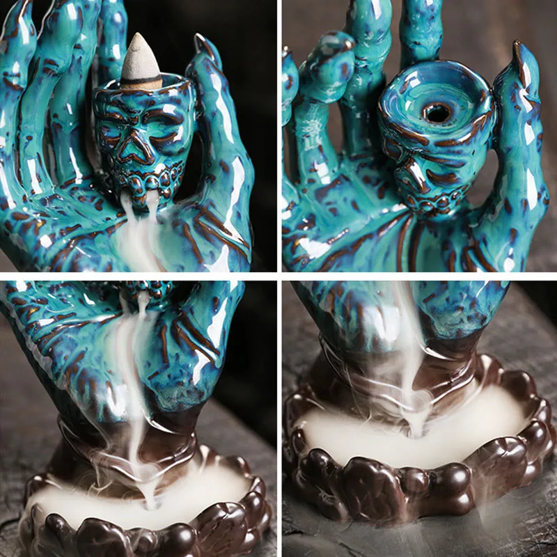 Mythstone Halloween Ghost Hand Skull Head Ceramic Peace Healing Incense Burner Decoration - Image 15