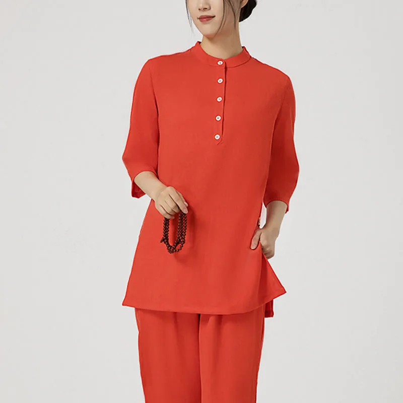 Mythstone 2Pcs Buttons Three Quarter Sleeve Shirt Top Pants Meditation Zen Tai Chi Cotton Linen Clothing Women's Set - Image 11