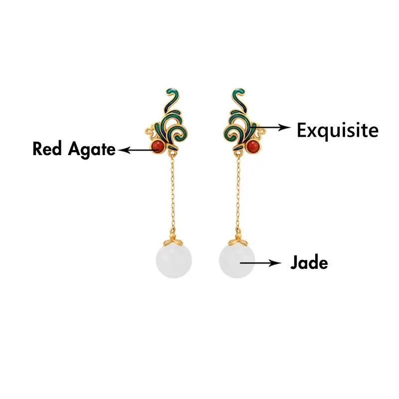 Mythstone Vintage White Jade Red Agate Bead Blessing Drop Dangle Earrings - Image 10