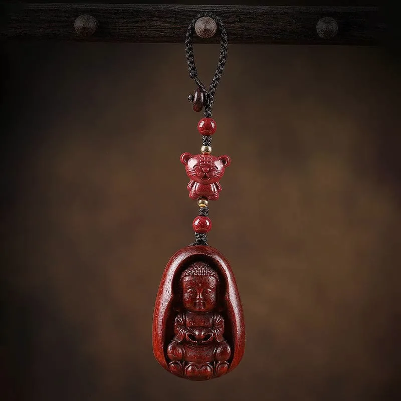 Mythstone Small Leaf Red Sandalwood Buddha Cinnabar Chinese Zodiac Amulet Protection Key Chain - Image 7