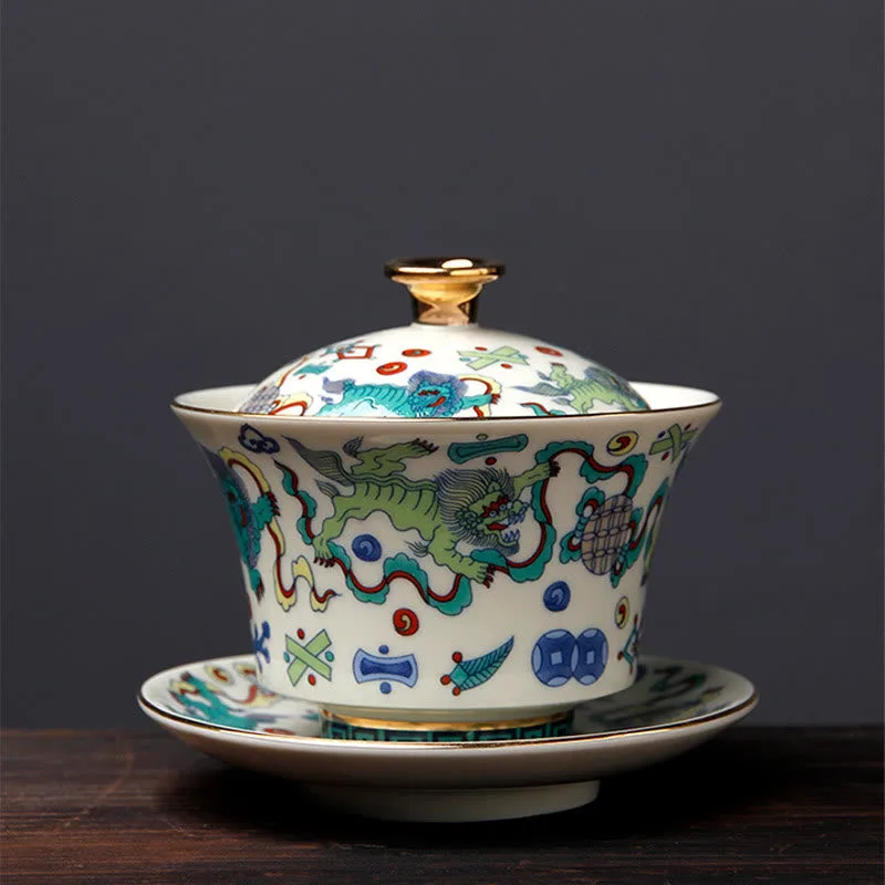 Mythstone Retro Plum Blossom Pine Bamboo Phoenix Kirin Ceramic Gaiwan Sancai Teacup Kung Fu Tea Cup and Saucer with Lid - Image 14