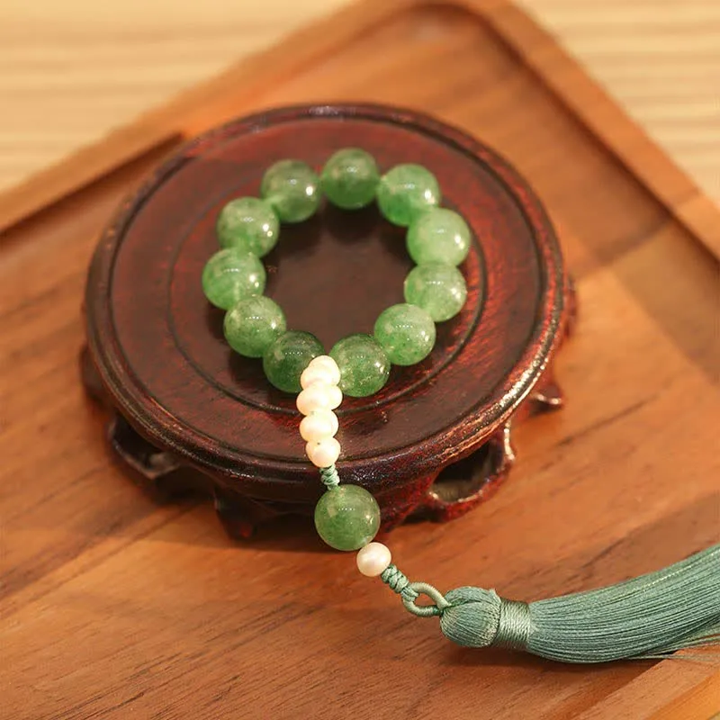Mythstone Green Strawberry Quartz Pearl Soothing Wrist Mala - Image 9