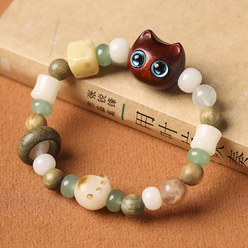 Mythstone Bodhi Seed Green Sandalwood Ebony Wood Small Leaf Red Sandalwood Cat Head Paw Claw Peace Bracelet - Image 11