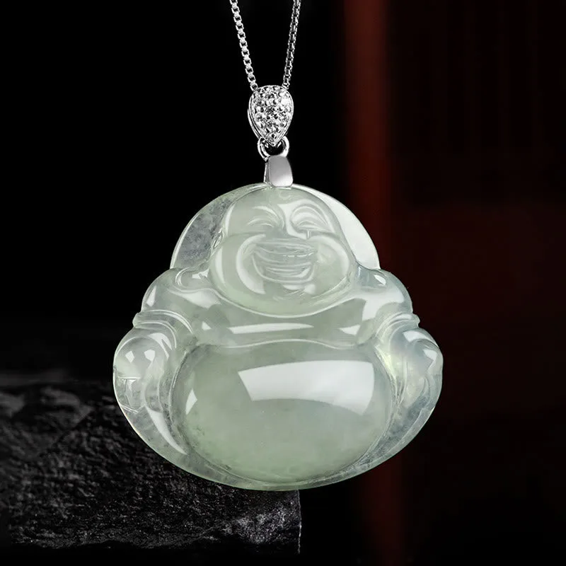 Mythstone 925 Sterling Silver Natural Jade Laughing Buddha Prosperity Abundance Chain Necklace Pendant - Image 2