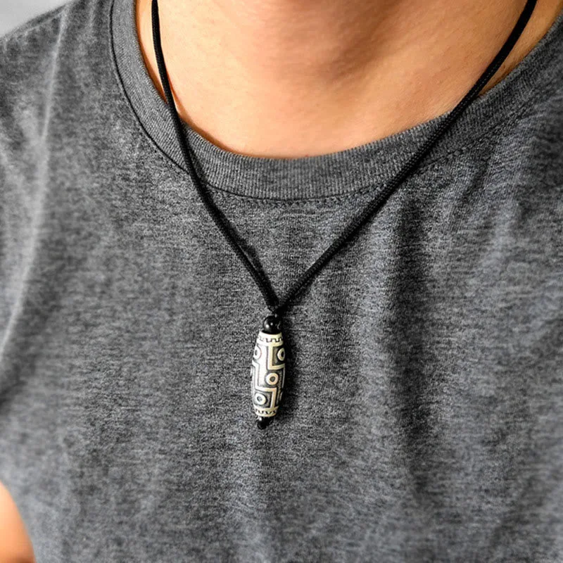 Mythstone Tibet Nine-Eye Dzi Bead Pattern Copper Auspicious Clouds Wealth Necklace Pendant - Image 3