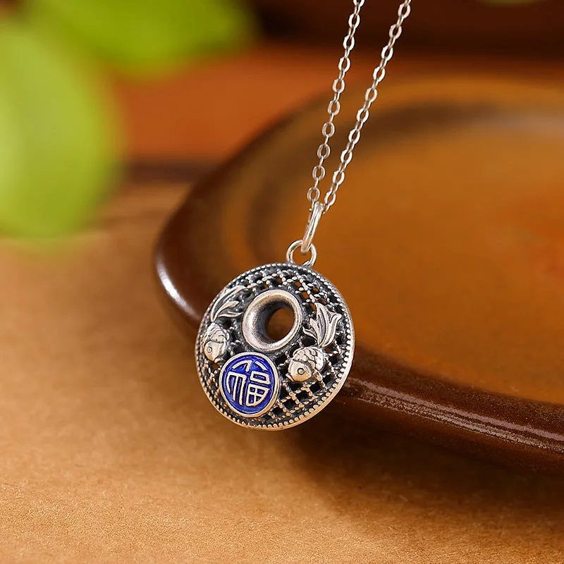 Mythstone - 999 Sterling Silver Koi Fish Fu Character Lotus Peace Buckle Wealth Necklace Pendant - Image 3