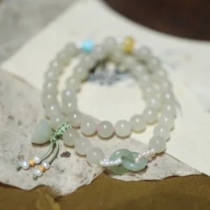 Mythstone 925 Sterling Silver Hetian Jade Double Peace Buckle Lotus Luck Double Wrap Bracelet