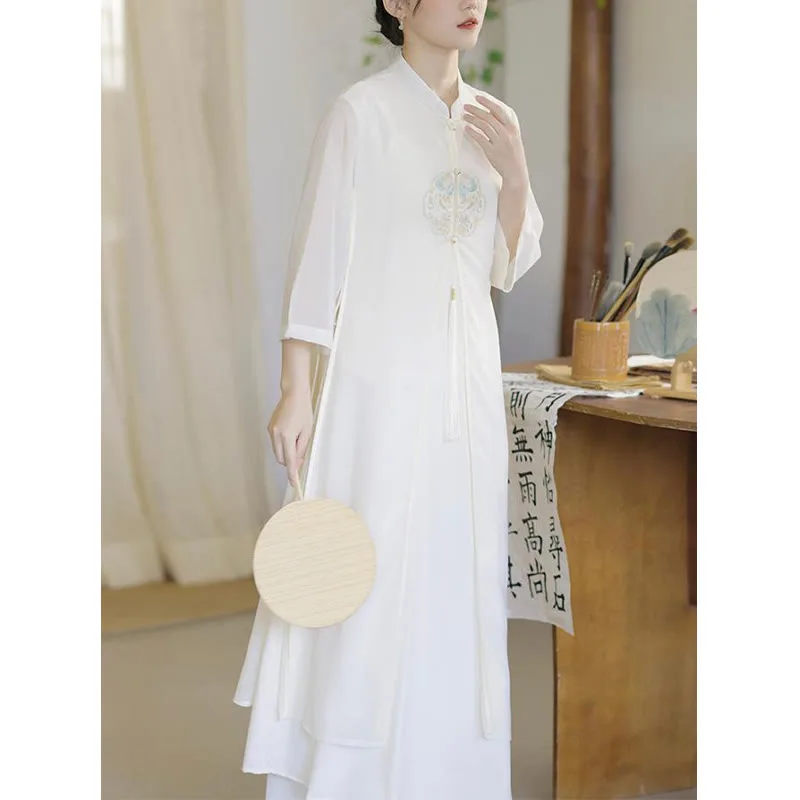 Mythstone Embroidery Chiffon Cheongsam Midi Dress Wide Leg Pants Meditation Zen Practice Clothing - Image 6
