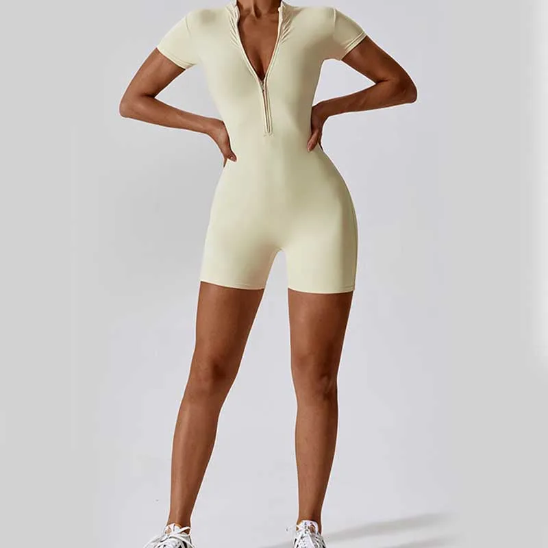 Mythstone High Stretch Zipper Short Sleeve Jumpsuit Sports Fitness Yoga Women Bodysuit - Image 36