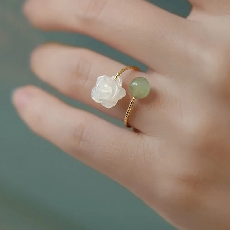 Mythstone 14K Gold Plated Tridacna Stone Rose Flower Jade Bead Blessing Ring - Image 4