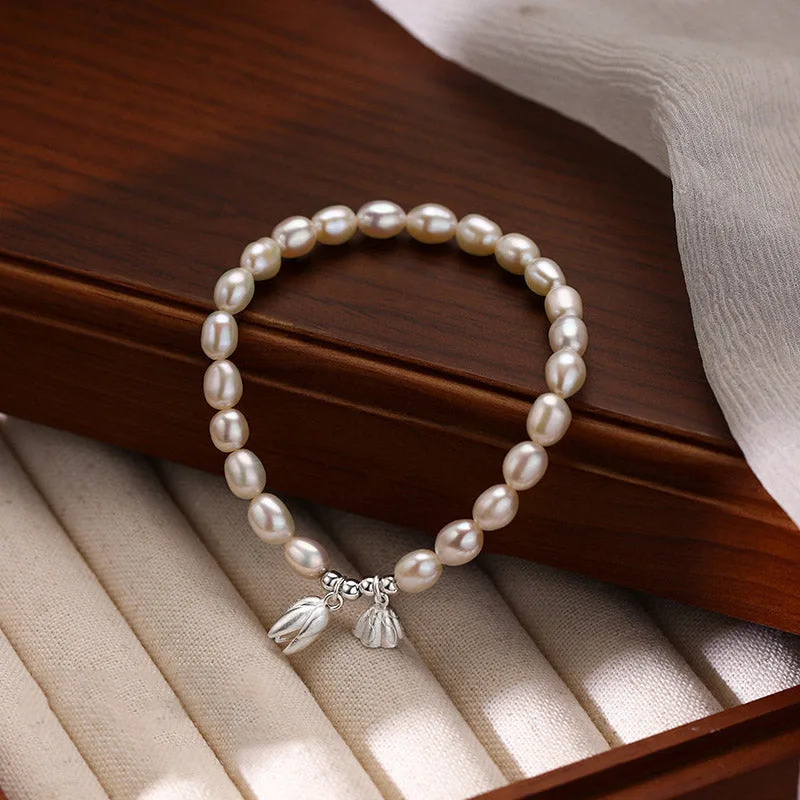Mythstone 999 Sterling Silver Lotus Flower Pod Natural Pearl Healing Bracelet - Image 2