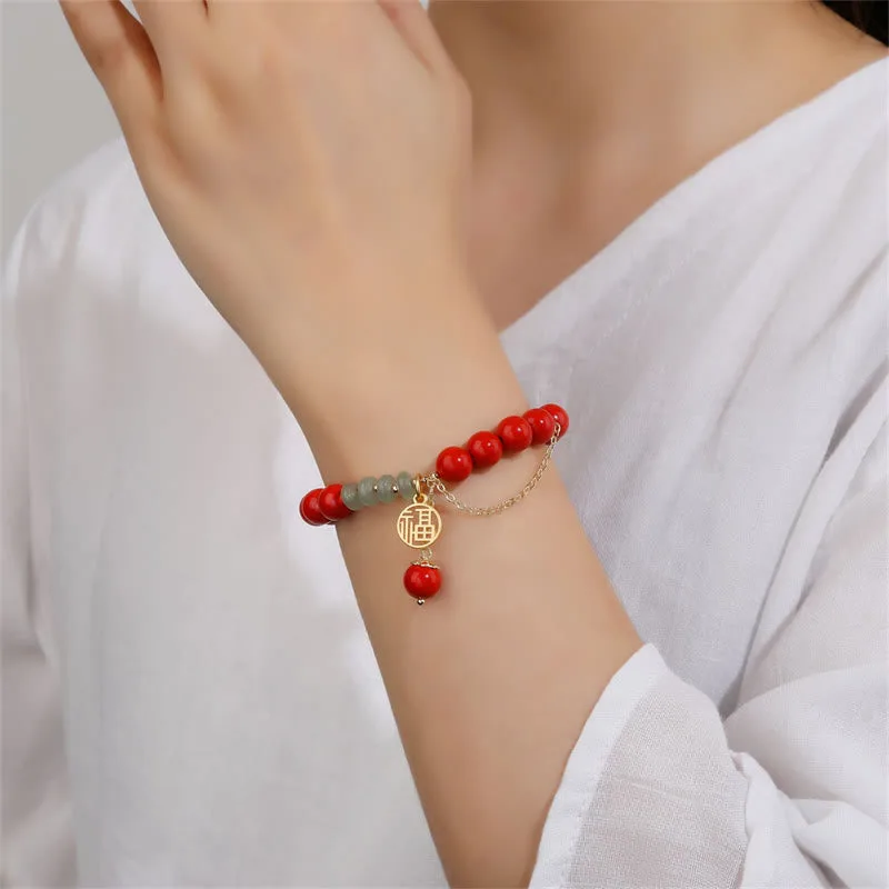 Mythstone Cinnabar Auspicious Fu Character Jade Calm Bracelet - Image 3