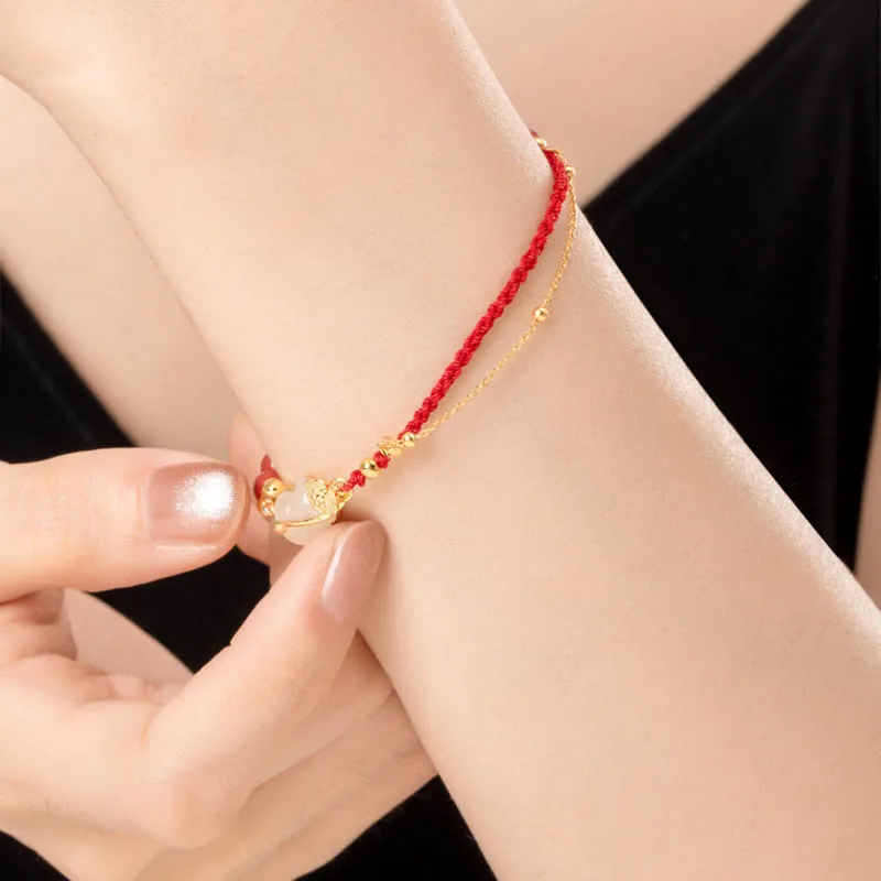 Mythstone 925 Sterling Silver Plated 18K Gold Hetian Jade Ruyi Cat Cinnabar Luck Bracelet Necklace Pendant Set - Image 12