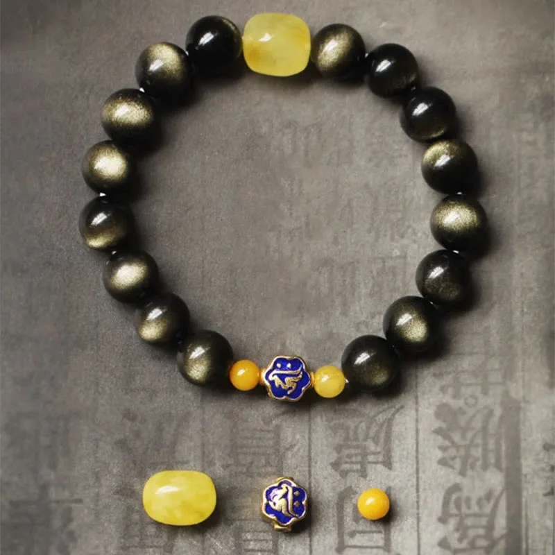 Mythstone 925 Sterling Silver Chinese Zodiac Natal Buddha Natural Gold Sheen Obsidian Amber Wealth Protection Bracelet - Image 7