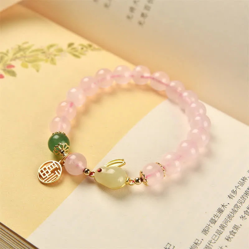 Year of the Rabbit Natural Pink Crystal Green Agate Bunny Love Happiness Bracelet - Image 5