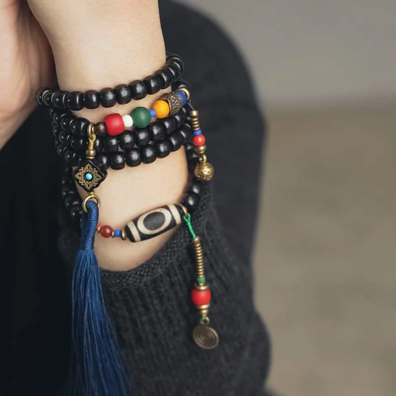Mythstone 108 Beads Mala Ebony Wood Dzi Bead Copper Balance Tassel Bracelet - Image 3
