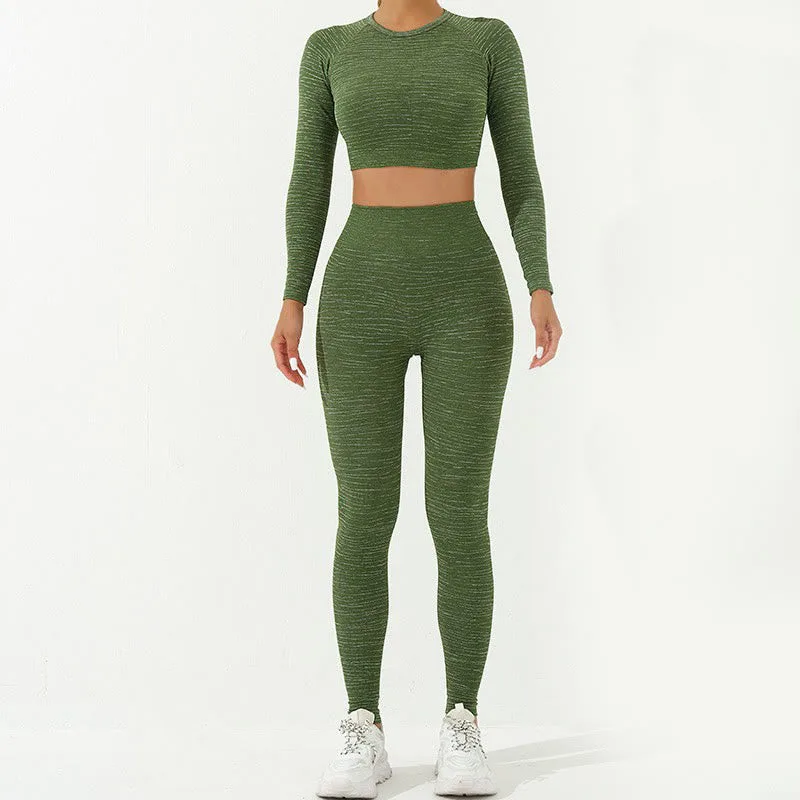 Mythstone 2Pcs Simple Print Crop Tank Bra Long Sleeve Top Leggings Pants Sports Outfits Women's Yoga Sets - Image 3