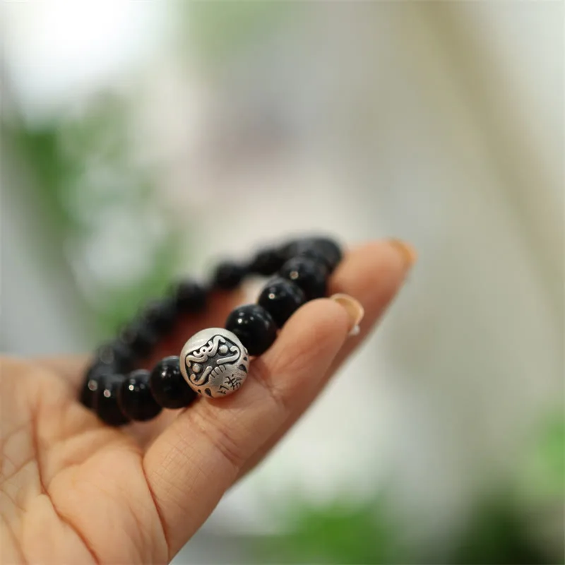 Mythstone 925 Sterling Silver Black Onyx Bead Character Engraved Protection Bracelet - Image 7