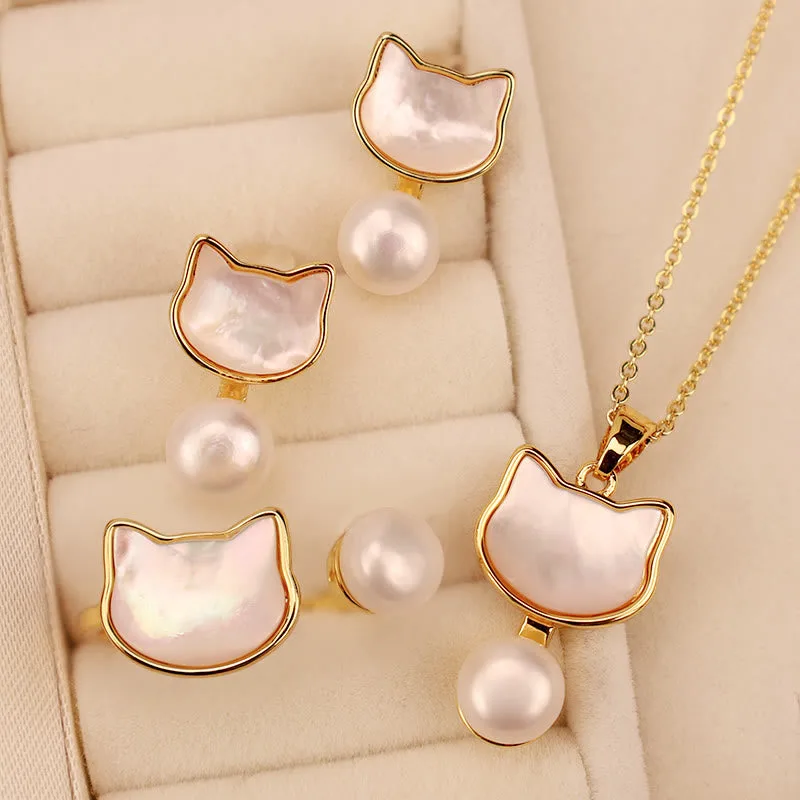 Mythstone 925 Sterling Silver Posts Cute Cat Tridacna Stone Pearl Ring Earrings Necklace Jewelry Set - Image 7