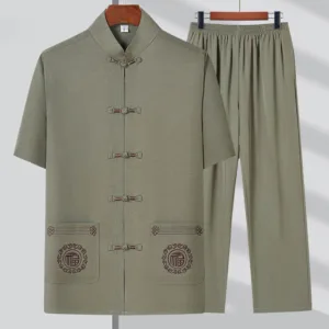 Mythstone Fu Character Embroidery Tang Suit Traditional Frog-Button Short Sleeve Top Pants Clothing Men's Set