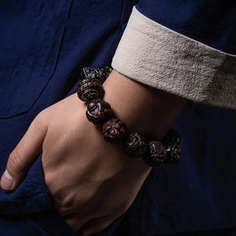 Mythstone Chinese Zodiac Engraved Small Leaf Red Sandalwood Protection Bracelet - Image 13