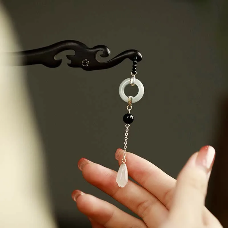 Mythstone 925 Sterling Silver Hetian White Jade Ebony Wood Protection Hairpin - Image 5