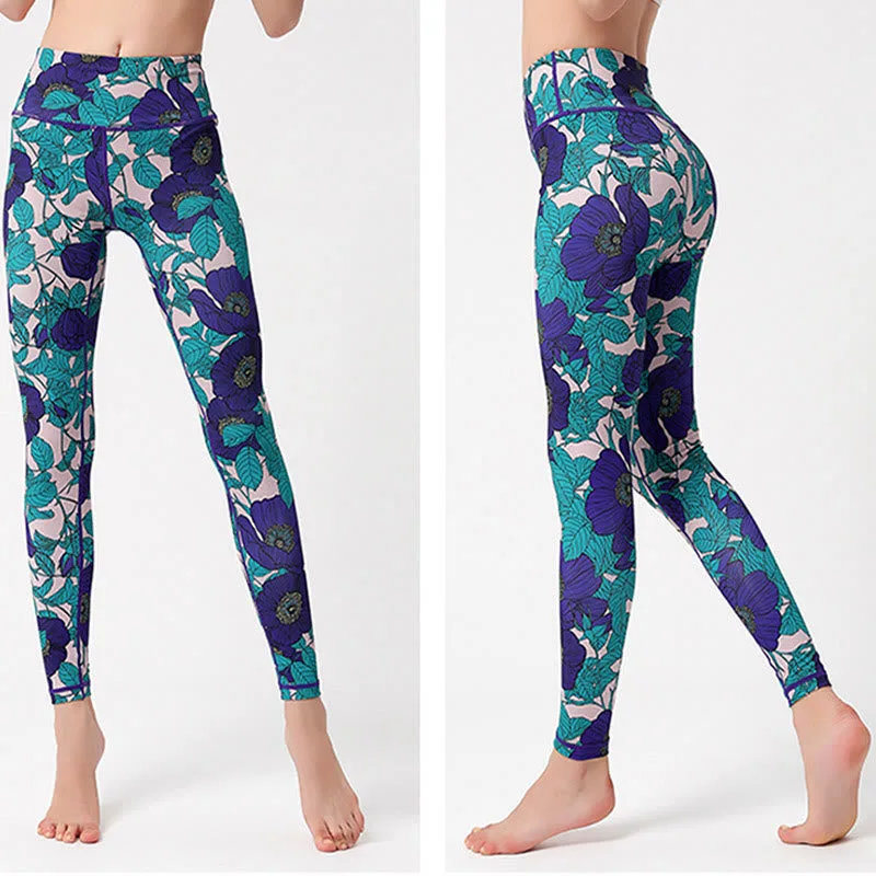Mythstone Colorful Flower Petal Leaves Print Sports Exercise Fitness High Waist Leggings Women's Yoga Pants - Image 26