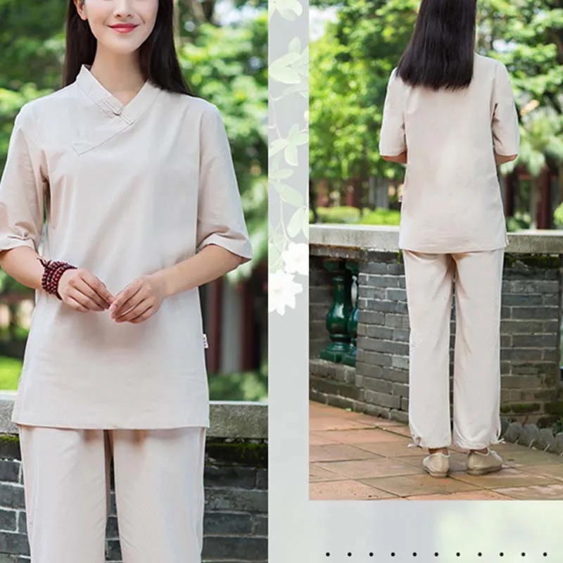 Mythstone 2Pcs Half Sleeve V-Neck Shirt Top Pants Meditation Zen Tai Chi Linen Clothing Women's Set - Image 3