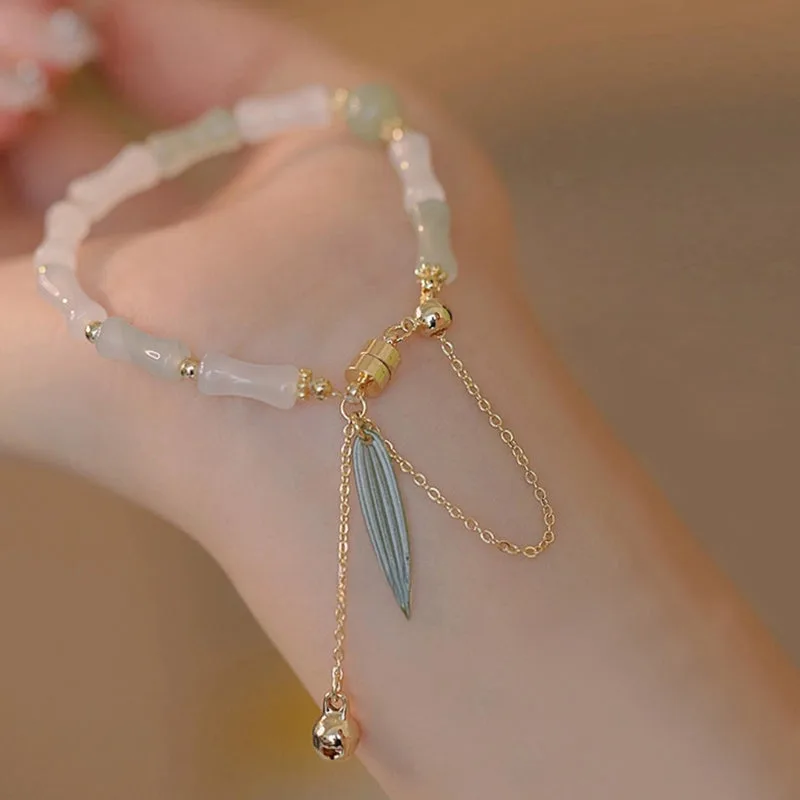 Mythstone 14K Gold Plated Hetian White Jade Bamboo Leaf Luck Protection Bracelet - Image 6