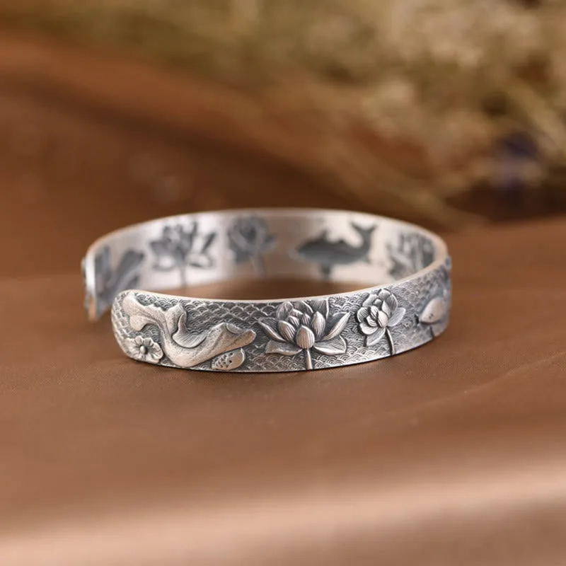 Mythstone - 999 Sterling Silver Luck Koi Fish Lotus Wealth Bracelet Bangle - Image 7
