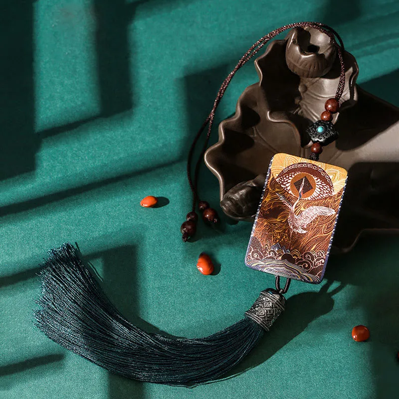 Mythstone Vintage Handmade Auspicious Crane Ebony Wood Balance Tassel Car Hanging Decoration - Image 7