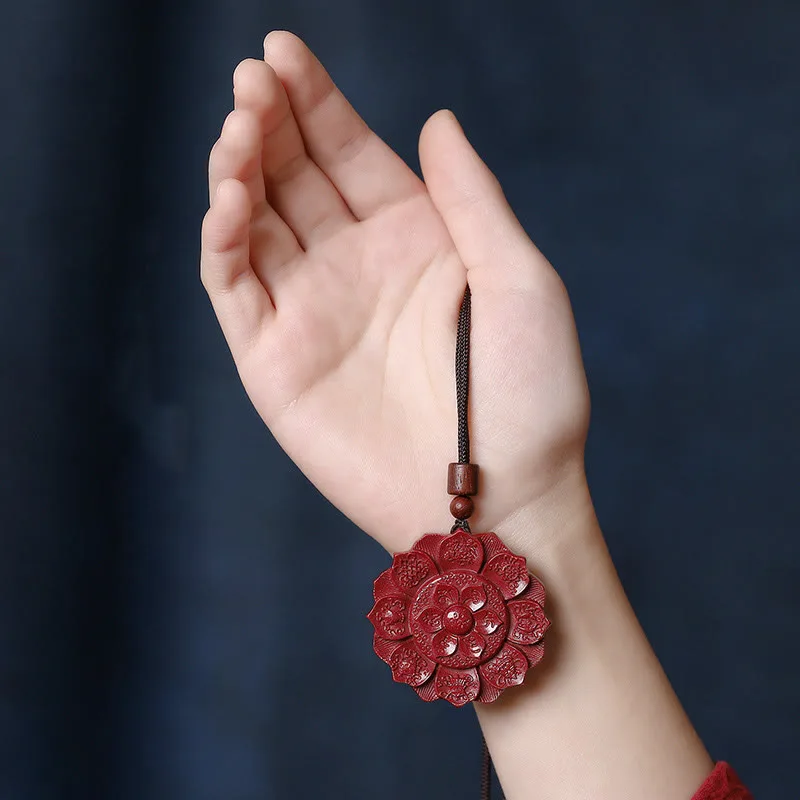 Mythstone Natural Cinnabar Lotus Om Mani Padme Hum Blessing Necklace String Pendant - Image 2