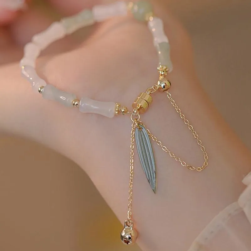 Mythstone 14K Gold Plated Hetian White Jade Bamboo Leaf Luck Protection Bracelet - Image 7