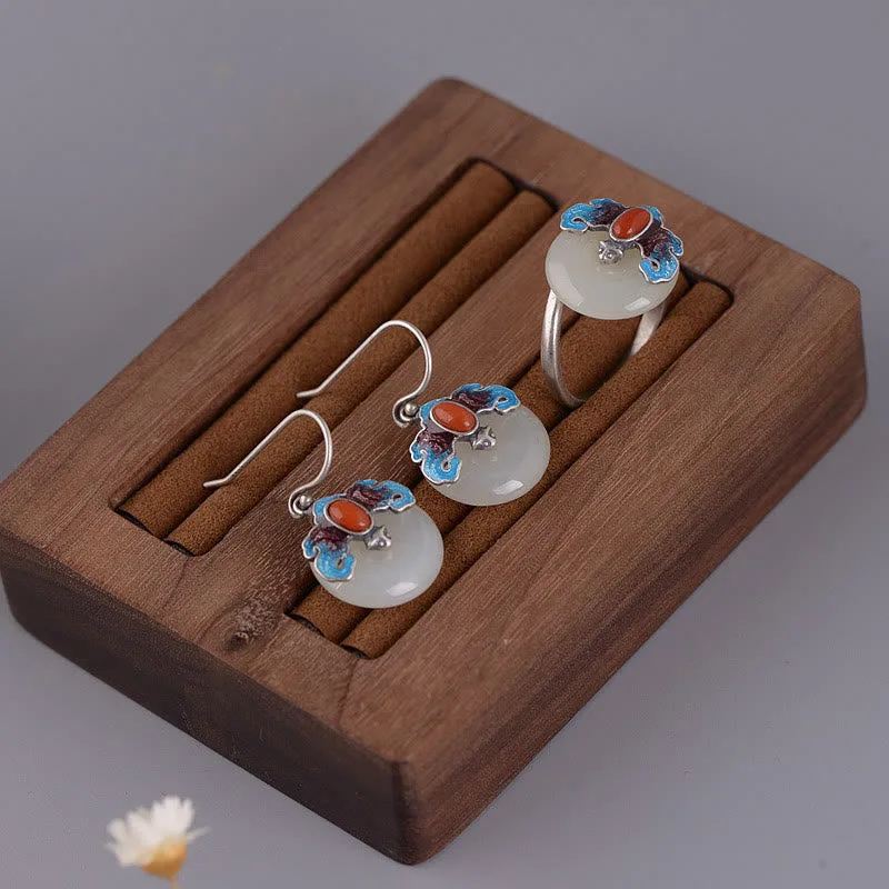 Mythstone 925 Sterling Silver Hetian Jade Red Agate Bat Prosperity Ring Earrings Set - Image 10