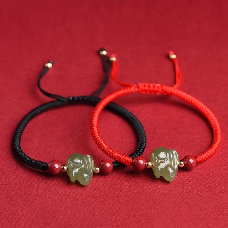 Year of the Rabbit Hetian Jade Bunny Cinnabar Beaded Abundance String Bracelet - Image 14