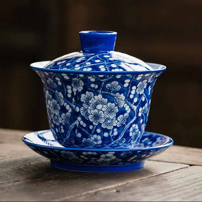 Mythstone Plum Blossom Blue And White Porcelain Ceramic Gaiwan Sancai Teacup Kung Fu Tea Cup And Saucer With Lid 185ml - Image 2