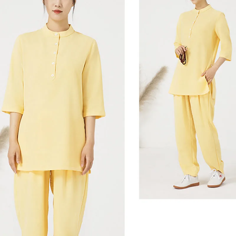 Mythstone 2Pcs Solid Color Three Quarter Shirt Top Pants Meditation Zen Tai Chi Cotton Linen Clothing Women's Set - Image 7