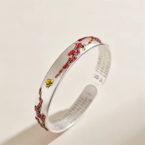 Mythstone Plum Blossom Chrysanthemum Flower Design Heart Sutra Healing Bracelet Cuff Bangle